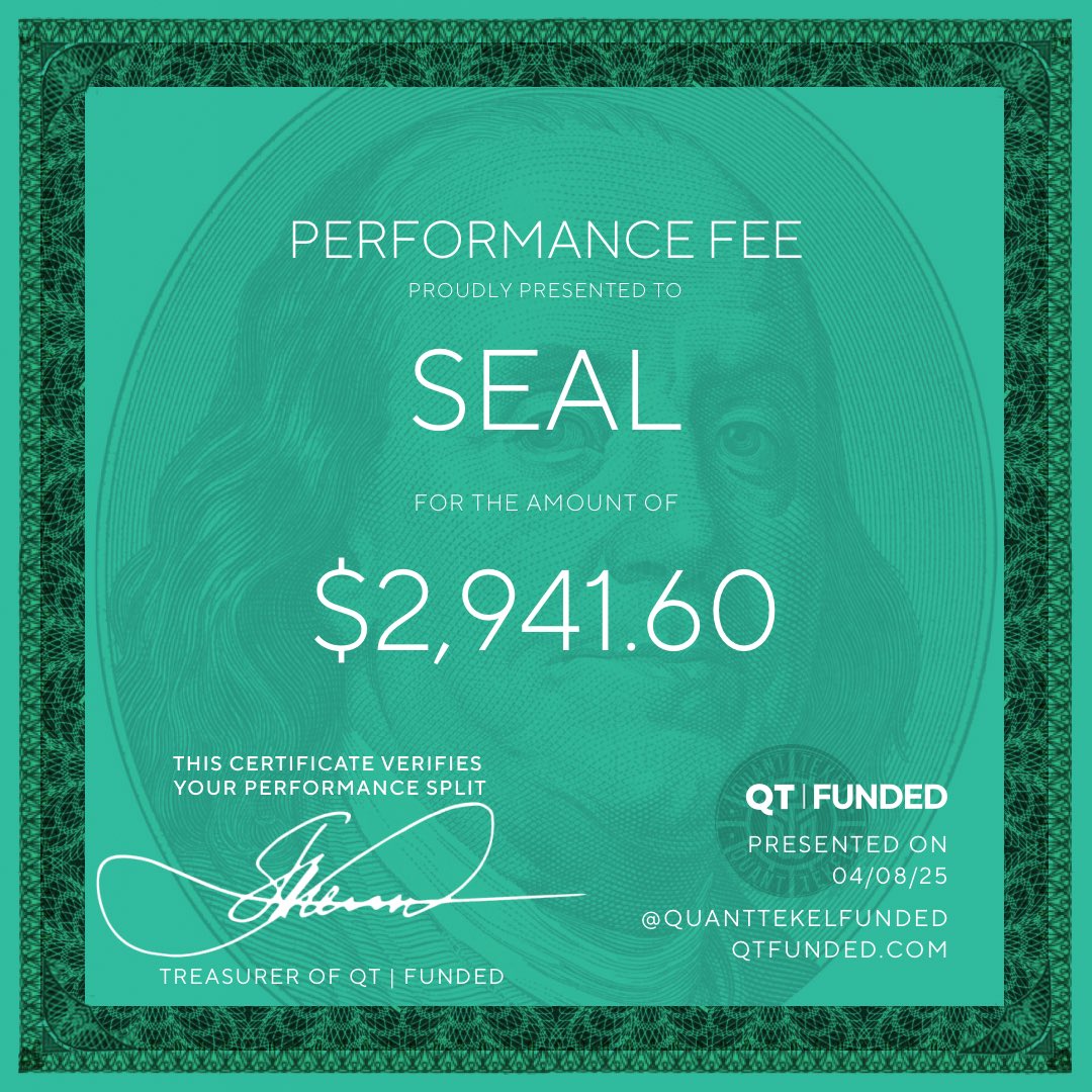 Seal (@sealfunded) on Twitter photo Received first payout from <a href="/QtFunded/">QT | FUNDED</a> π
Everything was so fast and comfortable
I Spent $550 for a 200K QT Prime account
Made 13% to pass, then just 2% to get a $3K payout
If I traded my own $550, Iβd need 600% return β οΈ
This is why I use prop firms π€· Received first payout from <a href="/QtFunded/">QT | FUNDED</a> π
Everything was so fast and comfortable
I Spent $550 for a 200K QT Prime account
Made 13% to pass, then just 2% to get a $3K payout
If I traded my own $550, Iβd need 600% return β οΈ
This is why I use prop firms π€·