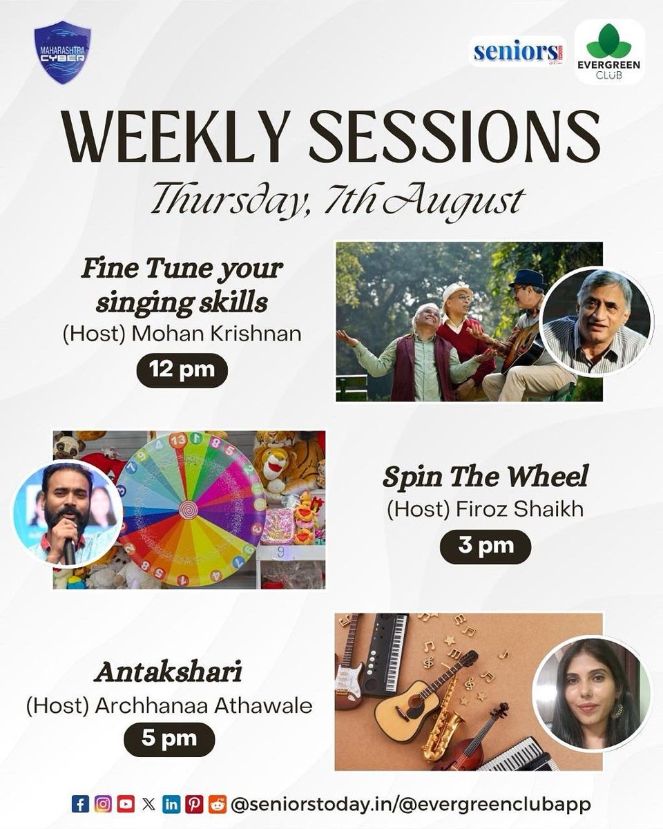 seniorstodayin's tweet image. 🎶🎯🎤 A thrilling &amp;amp; tuneful Thursday awaits – 7th August! 💚✨

🔗Book now - evergreenclub.in/sessions

#finetuneyoursingingskills #spinthewheel #antakshari #evergreenclub #seniorstoday #evergreenclubapp #funforever #joyfulaging #learnlaughlive #musicalmoments