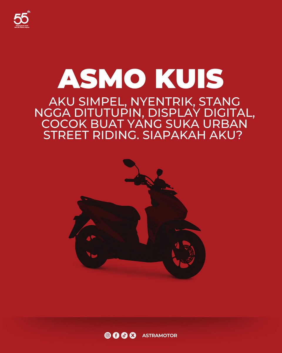 Saatnya KUIS..

Cluenya: "Kembaranku bernama Honda BeAT"
Gampang bgt kan? Langsung gas jawab aja ya! Jangan lupa follow akun X Astra Motor &amp; mention 3 orang temen kamu ya. Jawabannya ditunggu sampe 31 Agustus 2025 ya. 3 orang beruntung bakal dapet @ Rp100.000