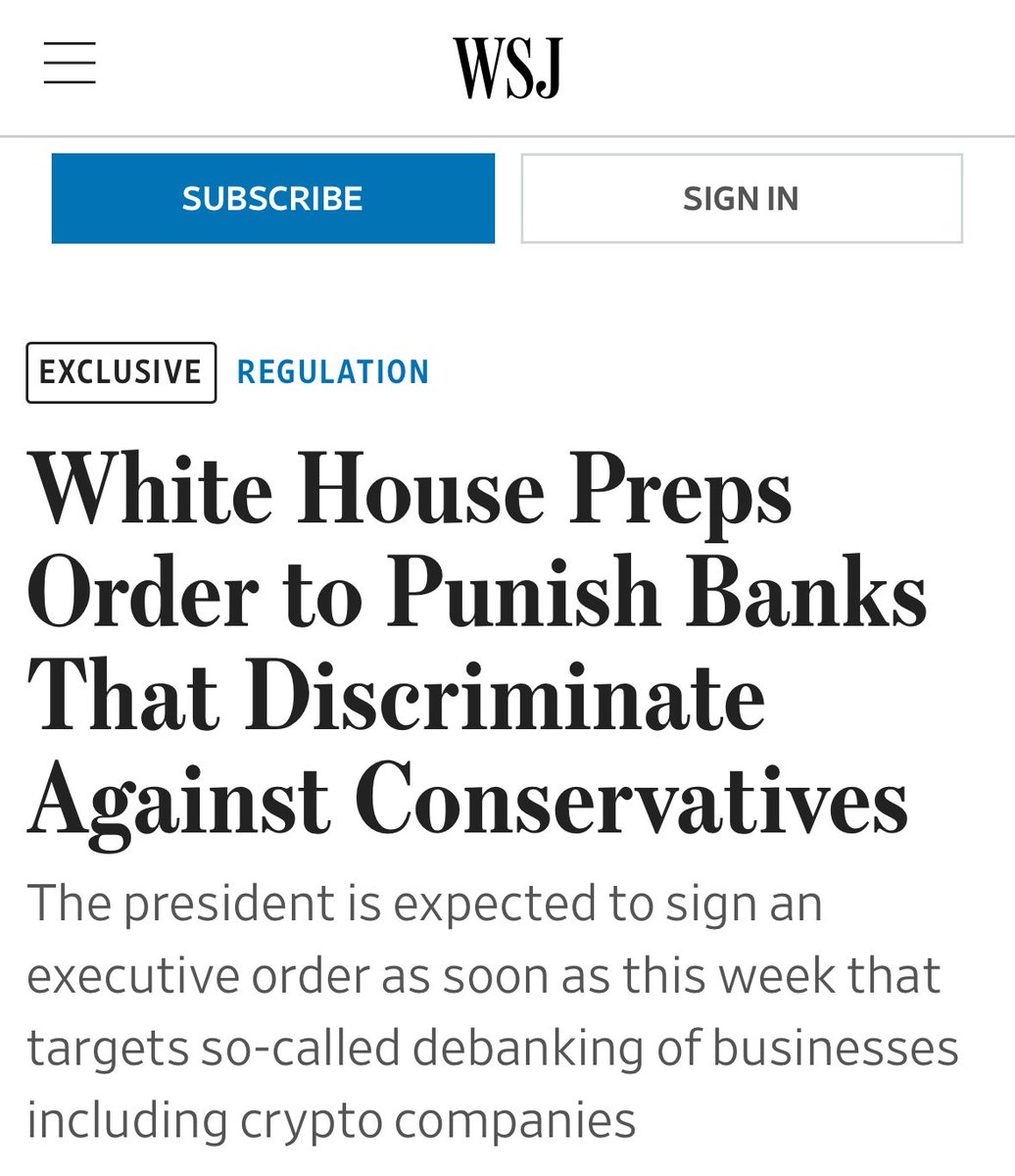 🇺🇸 Trump will per Dekret Banken bestrafen, die Bitcoin- und  Krypto-Unternehmen diskriminieren. Der Entwurf der Executive Order liegt  dem WSJ vor. Es geht um gezielte Maßnahmen gegen sogenanntes Debanking. Es  führt kein