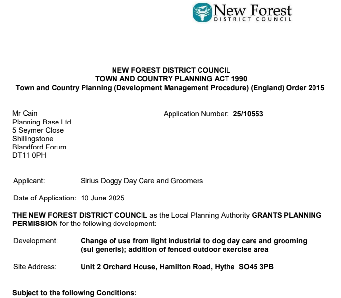 PlanningBase's tweet image. @planningbase obtain permanent change of use for dog grooming and day care facility in #hythe in #newforest. We had previously secured a temporary change of use and now with amended conditions the use was deemed suitable. #planningnewforest #dibdenplanning #hytheplanning #dogs