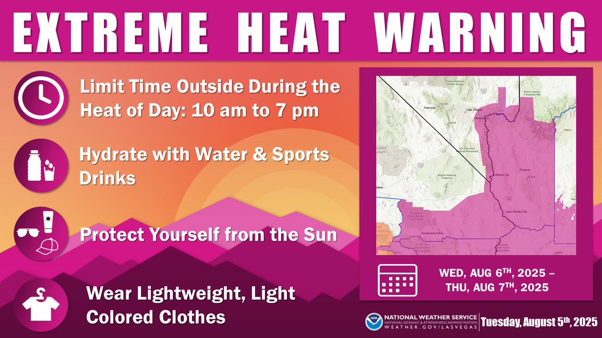 An Extreme Heat Warning has been issued for portions of the Mojave Desert and Colorado River Valley for this Wednesday and Thursday. Major HeatRisk is expected as temperatures climb. Plan now to stay safe in the heat.  #CAwx #AZwx #NVwx