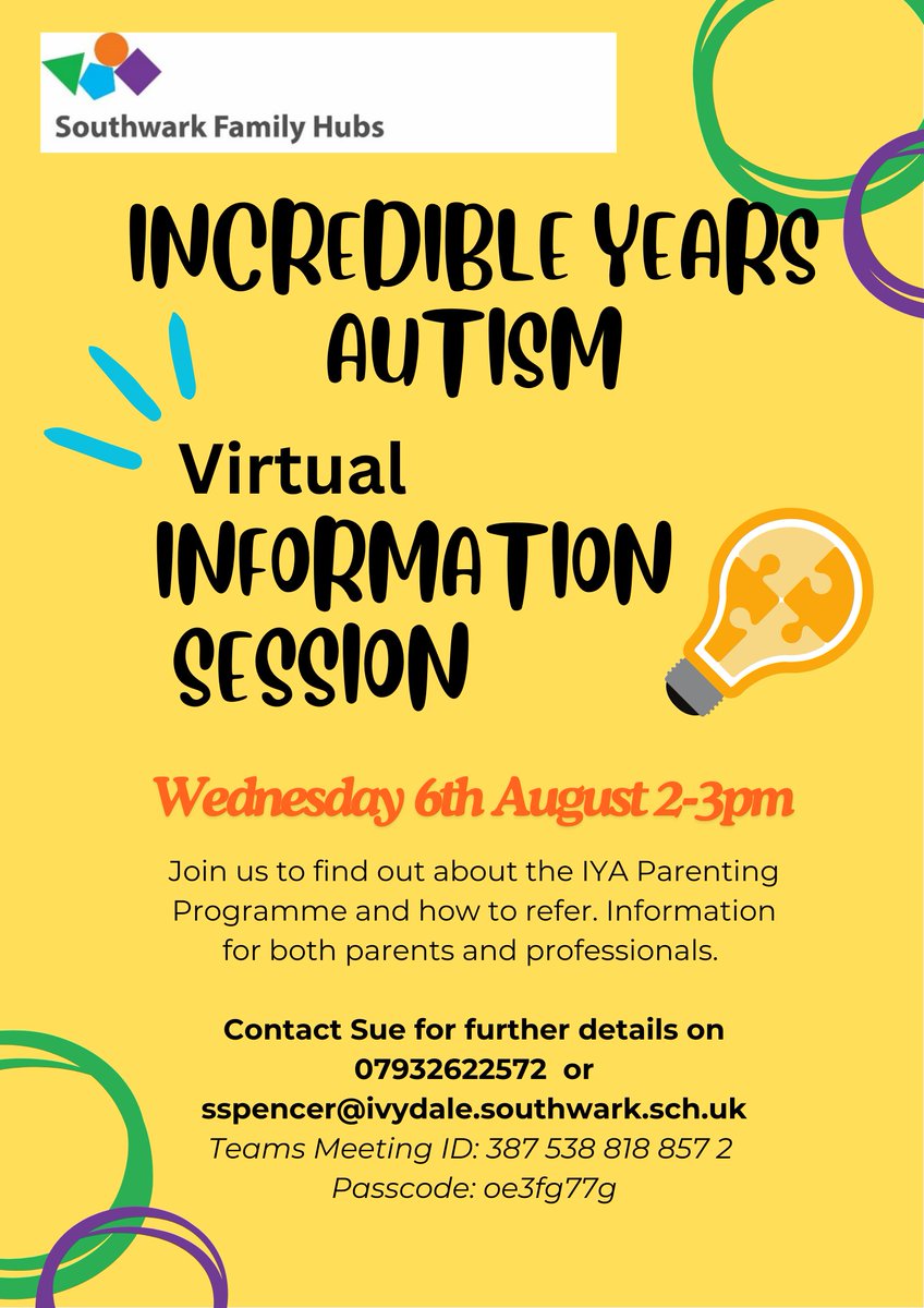 C&D Children Family Centres (@c_d_cfc) on Twitter photo ๐งฉ Join our Incredible Years Autism info session!
๐
Wed 6 Aug | ๐ 2โ3pm | ๐ป Online (Teams)
For parents & professionals โ learn about the IYA Parenting Programme & referrals.
๐ Sue: 07932622572
๐ง sspencer@ivydale.southwark.sch.uk
#AutismSupport #IYA #Southwark ๐งฉ Join our Incredible Years Autism info session!
๐
Wed 6 Aug | ๐ 2โ3pm | ๐ป Online (Teams)
For parents & professionals โ learn about the IYA Parenting Programme & referrals.
๐ Sue: 07932622572
๐ง sspencer@ivydale.southwark.sch.uk
#AutismSupport #IYA #Southwark