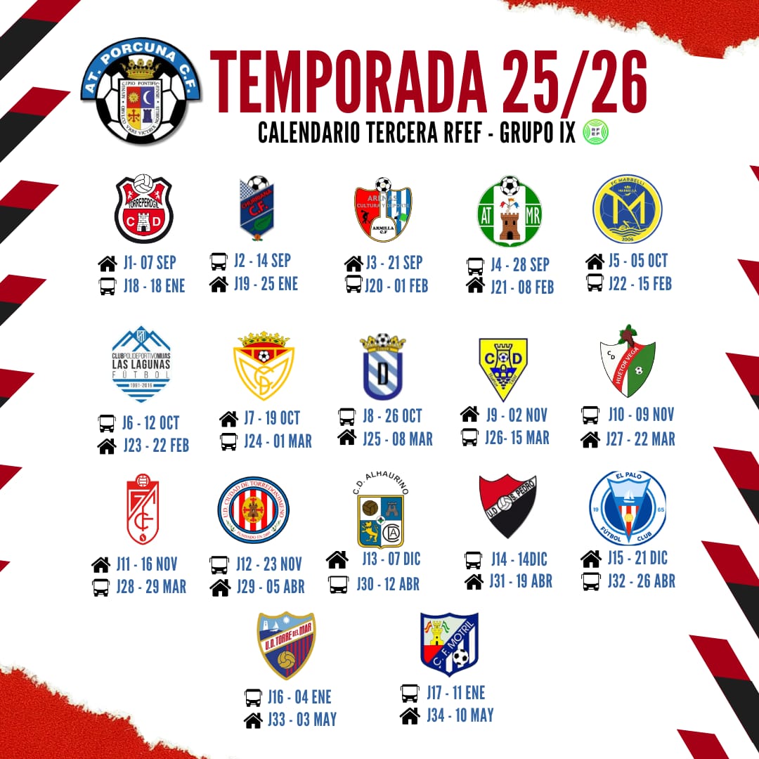 Os dejamos el calendiario de las 34 jornadas del Grupo IX de la categoría Tercera Federación para esta nueva temporada 2025/2026.

Juntos somos más fuertes! 
Contamos contigo. Aúpa Atleti ❤️🤍❤️