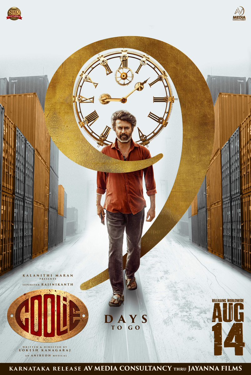 Venkatesh (@venkatavmedia) on Twitter photo 9 Days left to witness Superstar in Full swag mode💥 #Coolie from August 14th!
An AV Media Consultancy Release in Karnataka thru <a href="/JayannaFilms/">Jayanna Films</a>
<a href="/rajinikanth/">Rajinikanth</a> <a href="/sunpictures/">Sun Pictures</a> <a href="/Dir_Lokesh/">Lokesh Kanagaraj</a> <a href="/anirudhofficial/">Anirudh Ravichander</a> #AamirKhan <a href="/iamnagarjuna/">Nagarjuna Akkineni</a> <a href="/nimmaupendra/">Upendra</a> #SathyaRaj #SoubinShahir <a href="/shrutihaasan/">shruti haasan</a> 9 Days left to witness Superstar in Full swag mode💥 #Coolie from August 14th!
An AV Media Consultancy Release in Karnataka thru <a href="/JayannaFilms/">Jayanna Films</a>
<a href="/rajinikanth/">Rajinikanth</a> <a href="/sunpictures/">Sun Pictures</a> <a href="/Dir_Lokesh/">Lokesh Kanagaraj</a> <a href="/anirudhofficial/">Anirudh Ravichander</a> #AamirKhan <a href="/iamnagarjuna/">Nagarjuna Akkineni</a> <a href="/nimmaupendra/">Upendra</a> #SathyaRaj #SoubinShahir <a href="/shrutihaasan/">shruti haasan</a>