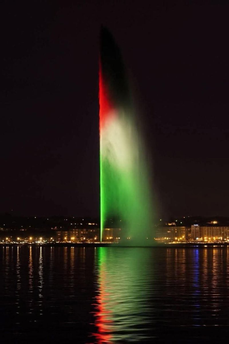 Monumento iconico de Ginebra, Suiza, se ilumina con los colores de la bandera de Palestina en solidaridad. 
#FreePalestine #Gaza