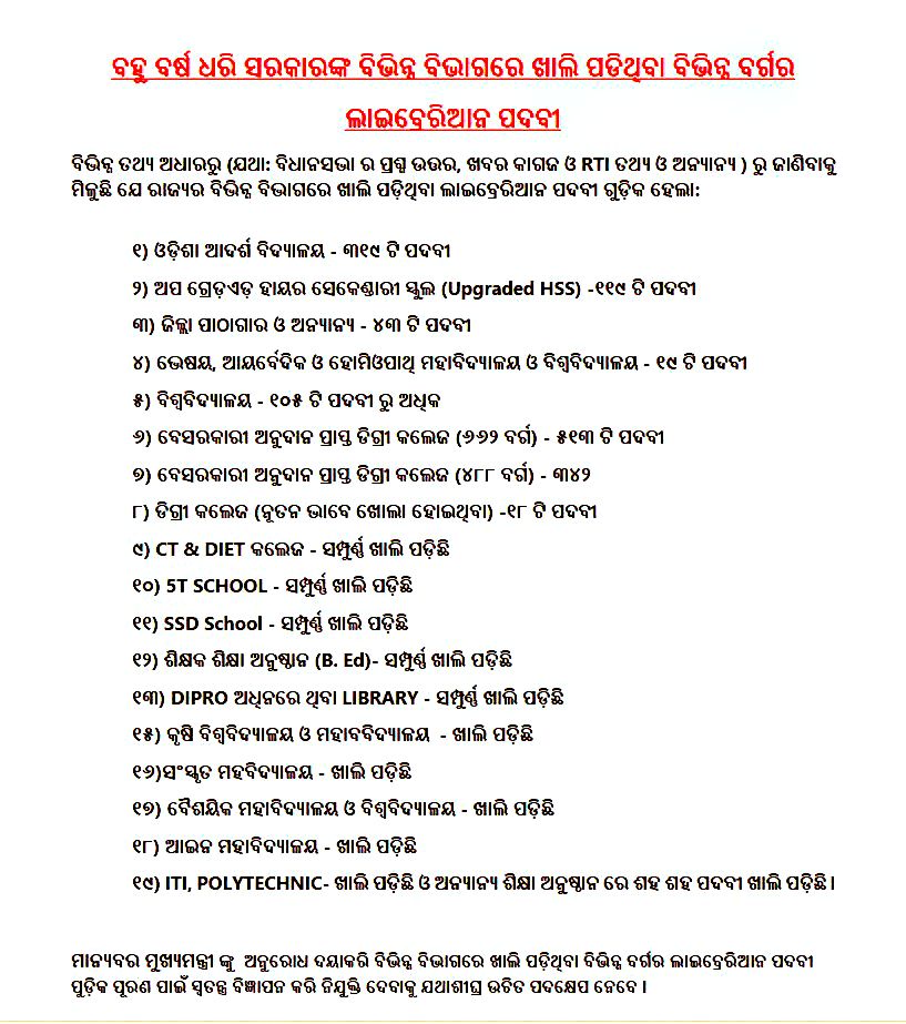 Tukuna7064's tweet image. ସରକାର ଦୟାକରି ଦୃଷ୍ଟି ଦିଅନ୍ତୁ,
 ଲାଇବ୍ରେରୀଆନ୍ ନିଯୁକ୍ତି କରନ୍ତୁ 🙏
📢ପାଠାଗାର ରେ ନାହାନ୍ତି କର୍ମଚାରୀ 
✔️ ଶହ ଶାହ ଲାଇବ୍ରେରୀଆନ୍ ପଦବୀ ଖାଲି ପଡିଛି 
📚 ଚାକିରି ଅପେକ୍ଷାରେ ଲାଇବ୍ରେରୀ ସାଇନ୍ସ ପାଠ ପଢି ବେକାର ଆଶାୟୀ। 
@CMO_Odisha @MohanMOdisha #RecruitLibrarian #Library_without_Librarian #SaveLibrary