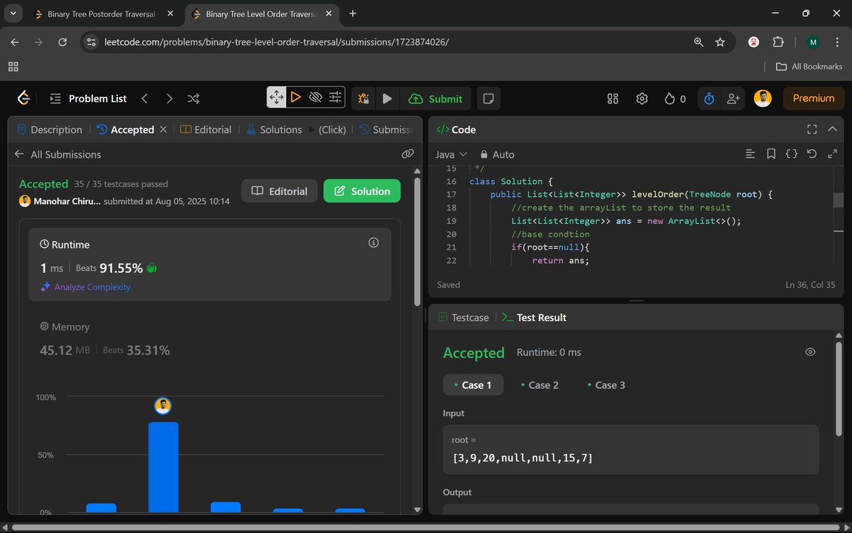 Manohar2909's tweet image. 🚀Day 66 of #100DaysOfCode | Consistency is the Key to Mastery
145. Binary Tree Postorder Traversal
102. Binary Tree Level Order Traversal
#Day66 #BinaryTree #TreeTraversal #PostorderTraversal #LevelOrderTraversal
#DSA #CodingChallenge #TechLearning #BFS #DFS #LearnToCode