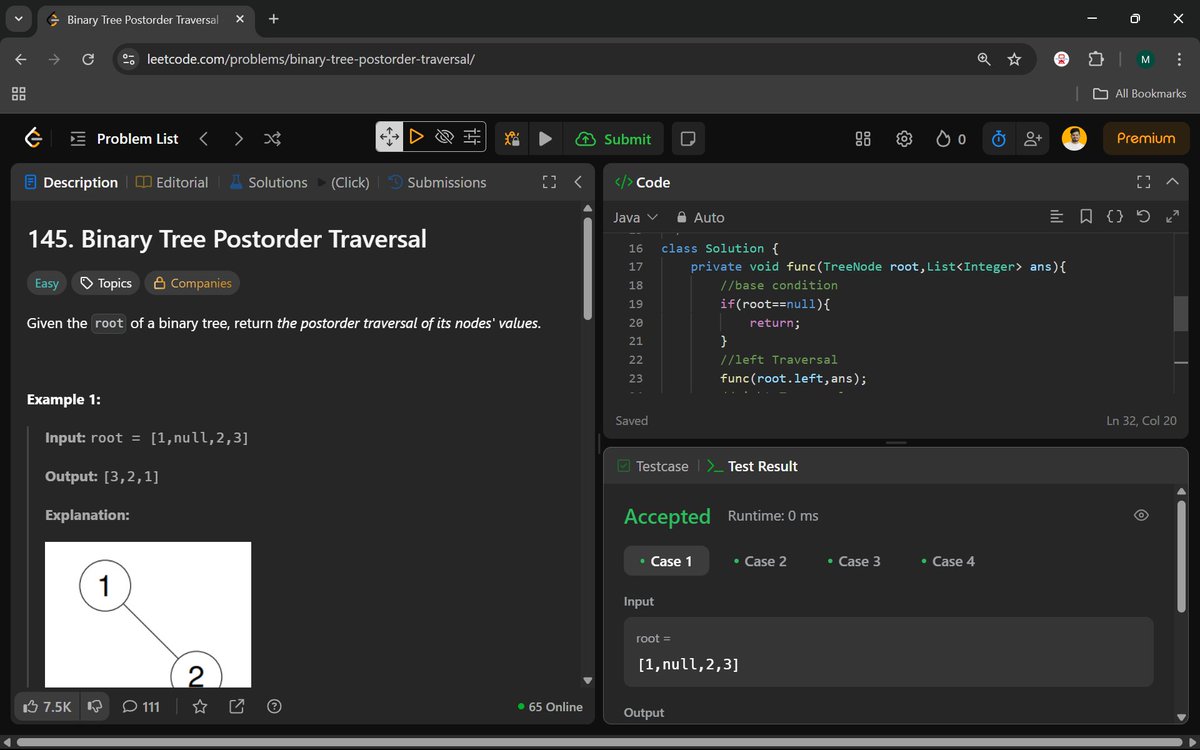 Manohar2909's tweet image. 🚀Day 66 of #100DaysOfCode | Consistency is the Key to Mastery
145. Binary Tree Postorder Traversal
102. Binary Tree Level Order Traversal
#Day66 #BinaryTree #TreeTraversal #PostorderTraversal #LevelOrderTraversal
#DSA #CodingChallenge #TechLearning #BFS #DFS #LearnToCode