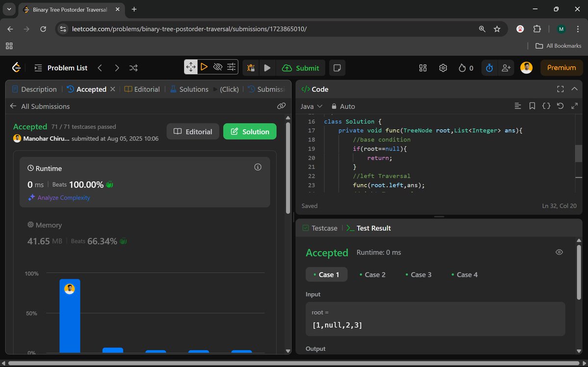 Manohar2909's tweet image. 🚀Day 66 of #100DaysOfCode | Consistency is the Key to Mastery
145. Binary Tree Postorder Traversal
102. Binary Tree Level Order Traversal
#Day66 #BinaryTree #TreeTraversal #PostorderTraversal #LevelOrderTraversal
#DSA #CodingChallenge #TechLearning #BFS #DFS #LearnToCode