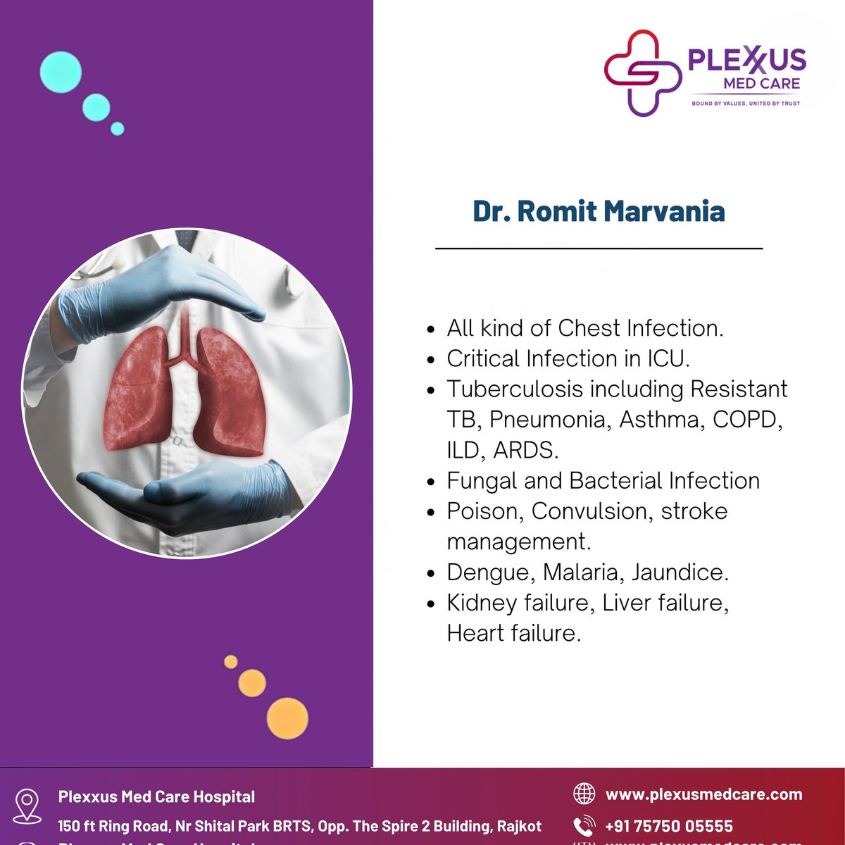CarePlexus's tweet photo. We are pleased to welcome Dr. Romit  Marvania, Consultant – Respiratory Medicine, to Plexus Med Care, Rajkot.  With his expertise in treating all kind of Chest infections, TB, Pneumonia , Pneumonia, Asthma, COPD, ILD, ARDS , Dengue, Malaria, Jaundice etc Dr. Romit adds. https://t.co/sqkc1tWcks
