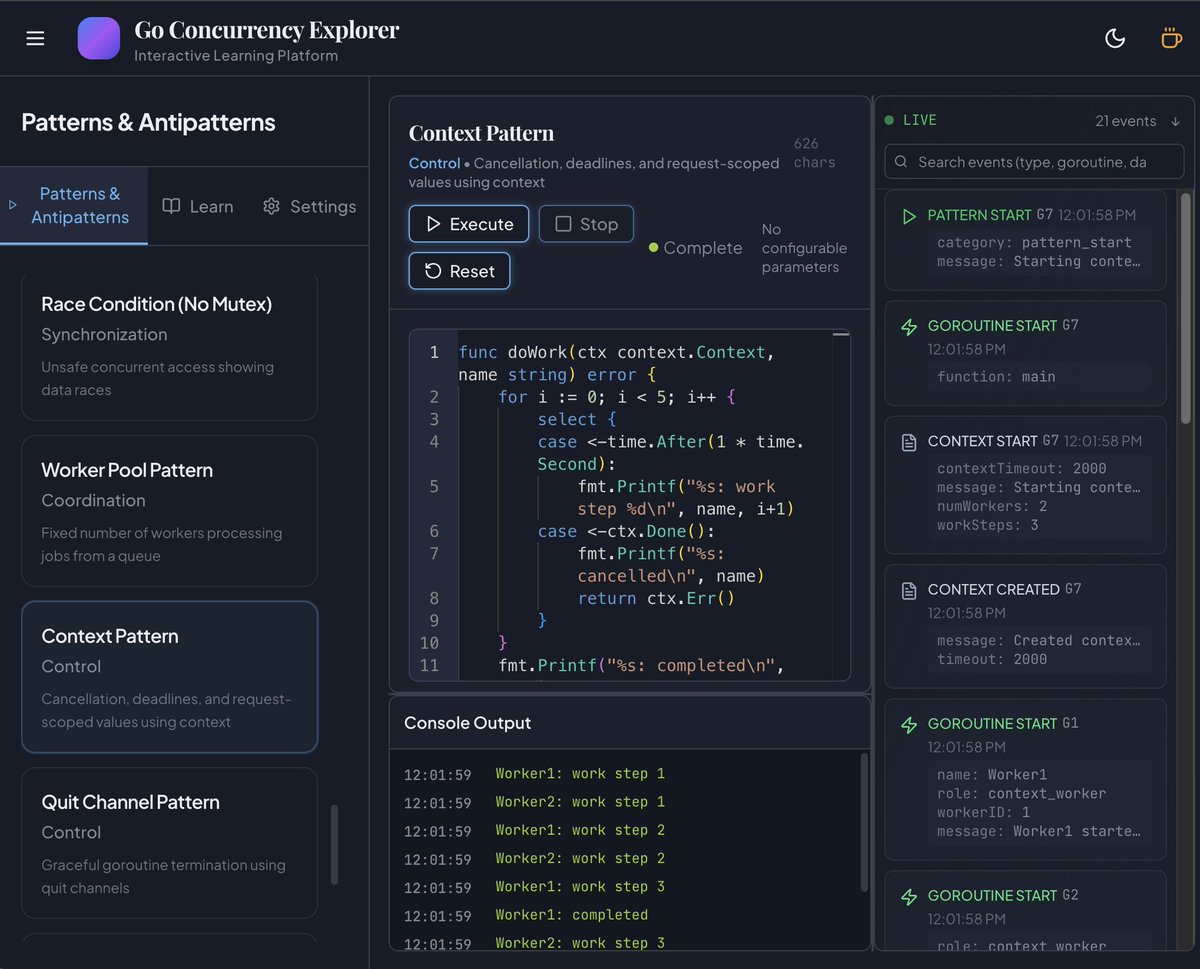 This site is amazing for learning Go concurrency patterns: concurrency.rocks

The concept is simple, but the UI is both sleek and well-designed. Even better, it uses Go WebAssembly, so there’s no need for a server.