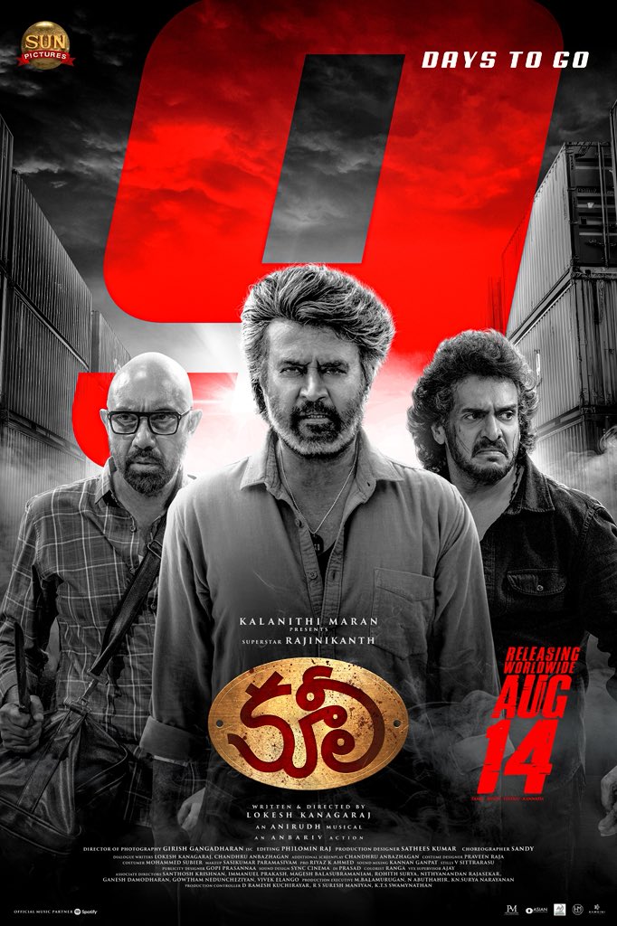 Sun Pictures (@sunpictures) on Twitter photo Thalaivan eranga, Saritham eludha!⚡
9 Days to go for #Coolie 💥
#Coolie releasing worldwide August 14th
<a href="/rajinikanth/">Rajinikanth</a> <a href="/Dir_Lokesh/">Lokesh Kanagaraj</a> <a href="/anirudhofficial/">Anirudh Ravichander</a> #AamirKhan <a href="/iamnagarjuna/">Nagarjuna Akkineni</a> <a href="/nimmaupendra/">Upendra</a> #SathyaRaj #SoubinShahir <a href="/shrutihaasan/">shruti haasan</a> <a href="/hegdepooja/">Pooja Hegde</a> <a href="/anbariv/">AnbAriv</a> <a href="/girishganges/">Girish Gangadharan</a> <a href="/philoedit/">Philomin Raj</a> Thalaivan eranga, Saritham eludha!⚡
9 Days to go for #Coolie 💥
#Coolie releasing worldwide August 14th
<a href="/rajinikanth/">Rajinikanth</a> <a href="/Dir_Lokesh/">Lokesh Kanagaraj</a> <a href="/anirudhofficial/">Anirudh Ravichander</a> #AamirKhan <a href="/iamnagarjuna/">Nagarjuna Akkineni</a> <a href="/nimmaupendra/">Upendra</a> #SathyaRaj #SoubinShahir <a href="/shrutihaasan/">shruti haasan</a> <a href="/hegdepooja/">Pooja Hegde</a> <a href="/anbariv/">AnbAriv</a> <a href="/girishganges/">Girish Gangadharan</a> <a href="/philoedit/">Philomin Raj</a>