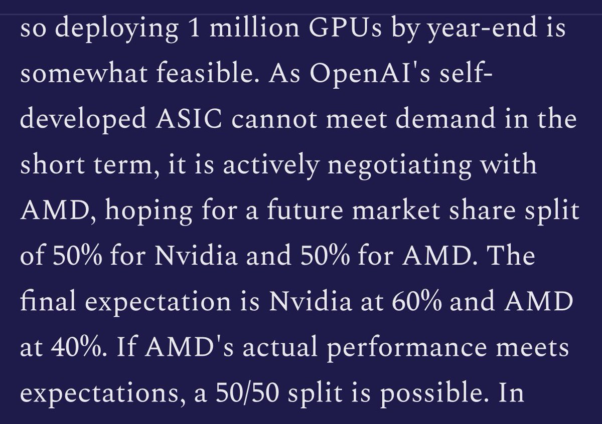 openai are negotiating a possible 50/50 split between nvidia and AMD, while their own custom ASICs a