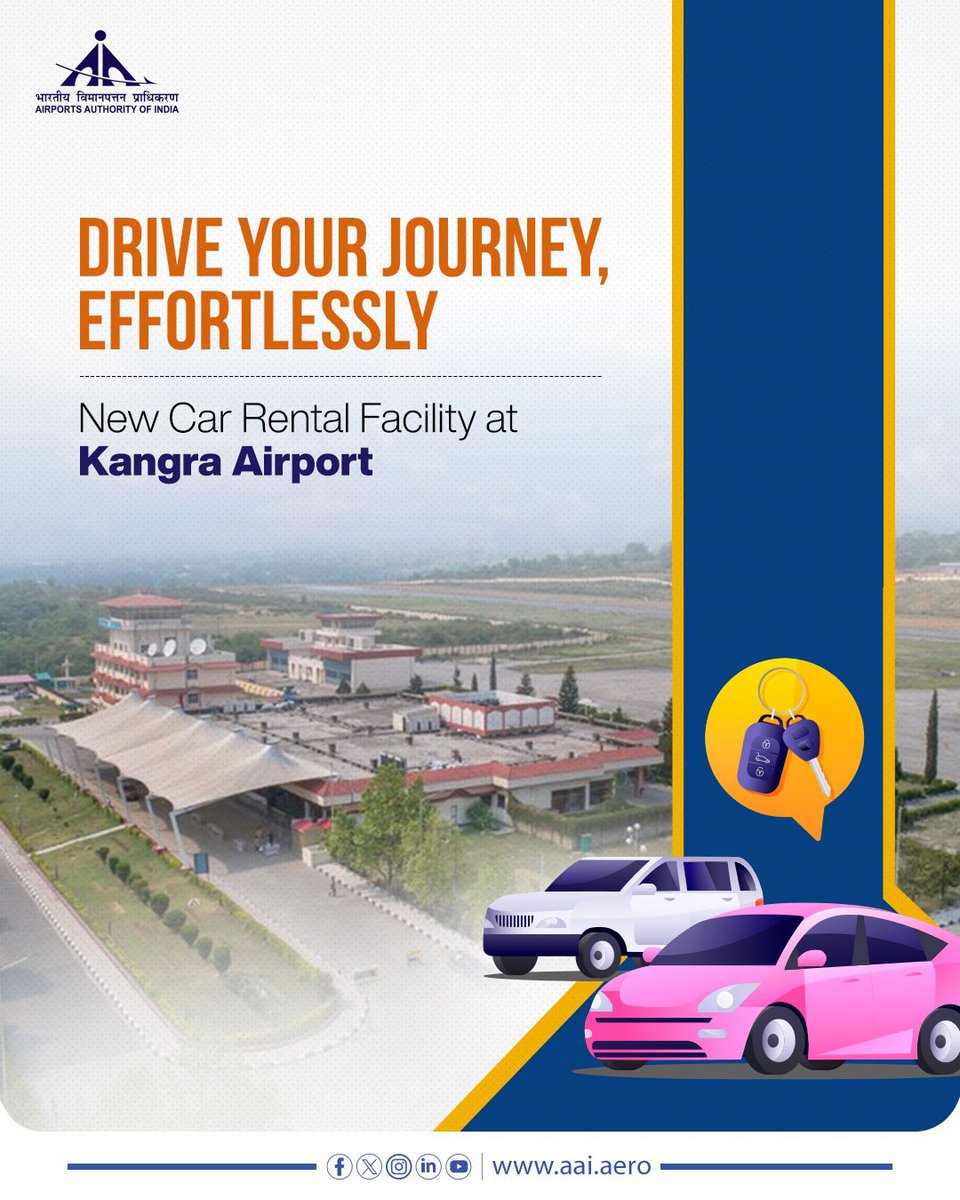 Airports Authority of India (@aai_official) on Twitter photo #AAI ensures your journey continues smoothly beyond the airport. With the Car Rental Facility at #KangraAirport <a href="/aaikanairport/">KANGRA AIRPORT</a>, step out of the terminal and straight into your ride. From airport to adventure, enjoy seamless, comfortable and flexible travel at every turn. #AAI ensures your journey continues smoothly beyond the airport. With the Car Rental Facility at #KangraAirport <a href="/aaikanairport/">KANGRA AIRPORT</a>, step out of the terminal and straight into your ride. From airport to adventure, enjoy seamless, comfortable and flexible travel at every turn.