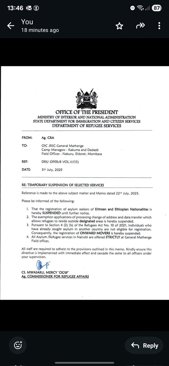 Nyamori Victor (@nyamoriv) on Twitter photo Hey <a href="/DRSKenya/">Department of Refugee Services</a> <a href="/InteriorKE/">Ministry of Interior | Kenya</a> <a href="/StateHouseKenya/">State House Kenya</a>, is this MEMO regarding suspension of refugee reg. 4 Eritrean n Ethiopian nationals authentic? It's causing concerns among human rights advocates n refugees. Contents seem to conflict with international law n Kenya's own constitution. Hey <a href="/DRSKenya/">Department of Refugee Services</a> <a href="/InteriorKE/">Ministry of Interior | Kenya</a> <a href="/StateHouseKenya/">State House Kenya</a>, is this MEMO regarding suspension of refugee reg. 4 Eritrean n Ethiopian nationals authentic? It's causing concerns among human rights advocates n refugees. Contents seem to conflict with international law n Kenya's own constitution.