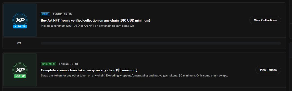 8.5  opensea 任务更新
1.购买任意链上NFT大于10美金
2.在任意链上交换代币＞5美金
依旧没有含金量  但是最近opensea 频繁女巫人 建议不一定要购买最热门的NFT 要更换一下 不然买到工作室开火车的nft就被女巫了  据不完整统计被女巫的大部分是大于5000XP 的精品号  opensea 可能要来一波杀精 
#opensea