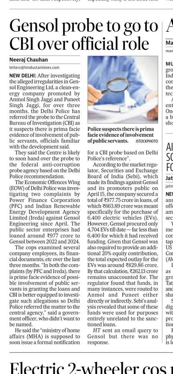 After 3 months of enquiry, Delhi Police refers the probe into Gensol Engineering (BluSmart) irregularities to the CBI as there is prima facie evidence of public servants’ involvement; MHA likely to soon hand over the case to CBI. 

hindustantimes.com/india-news/gen…