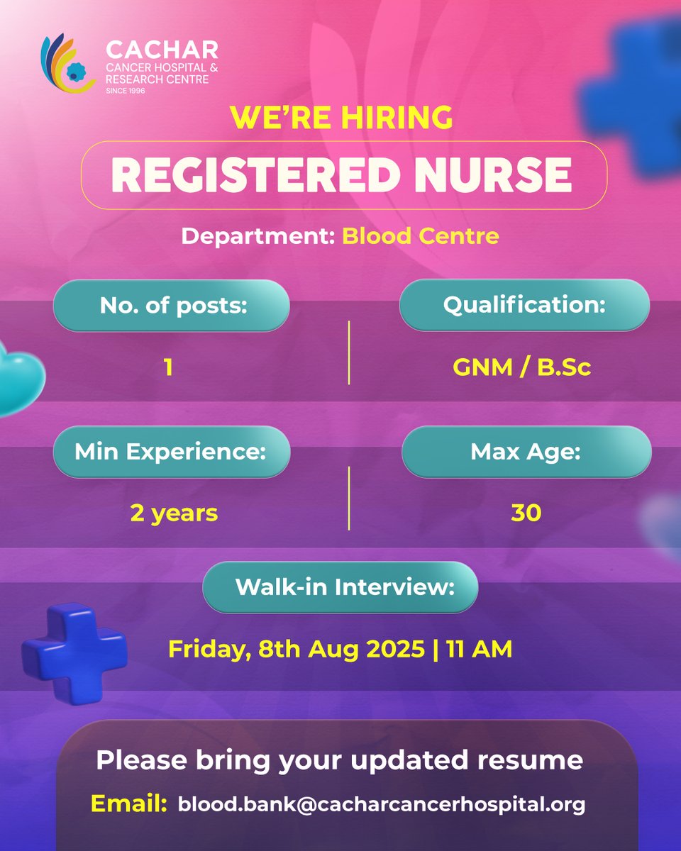 Cachar Cancer Hospital & Research Centre (@cchrccancercare) on Twitter photo Your care can make every drop count. Join our journey of healing
.
#CCHRC #CancerCare #CacharCancerHospital #NurseHiring #WalkInInterview #JoinOurTeam #CancerCare #BloodCentre #HealthcareJobs Your care can make every drop count. Join our journey of healing
.
#CCHRC #CancerCare #CacharCancerHospital #NurseHiring #WalkInInterview #JoinOurTeam #CancerCare #BloodCentre #HealthcareJobs