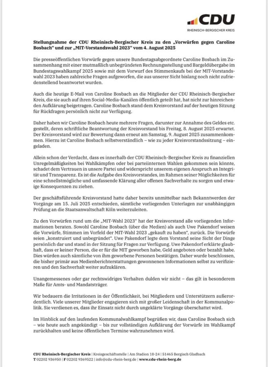 NEWS: Die CDU zählt Caroline Bosbach an, stellt ihr  ein Ultimatum. Bis zum 8. August werde eine schriftliche Antwort auf die offenen Fragen zu den Vorwürfen gegen sie erwartet. Bislang seien sie „noch nicht zufriedenstellend beantwortet“

<a href="/sternde/">stern</a> <a href="/wilhluk/">Lukas Wilhelm</a>