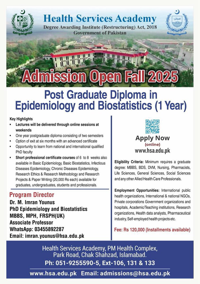 Health Services Academy-Official (@healthsacademy) on Twitter photo ๐ Admissions Open for Fall 2025! ๐
Post Graduate Diploma in Epidemiology and Biostatistics (1 Year) program.
Apply Now at hsa.edu.pk/direct-apply-fโฆ
and secure your future in public health!
For more information: ๐ WhatsApp: +92-3455892287 ๐ง Email: imran.younus@hsa.edu.pk ๐ Admissions Open for Fall 2025! ๐
Post Graduate Diploma in Epidemiology and Biostatistics (1 Year) program.
Apply Now at hsa.edu.pk/direct-apply-fโฆ
and secure your future in public health!
For more information: ๐ WhatsApp: +92-3455892287 ๐ง Email: imran.younus@hsa.edu.pk