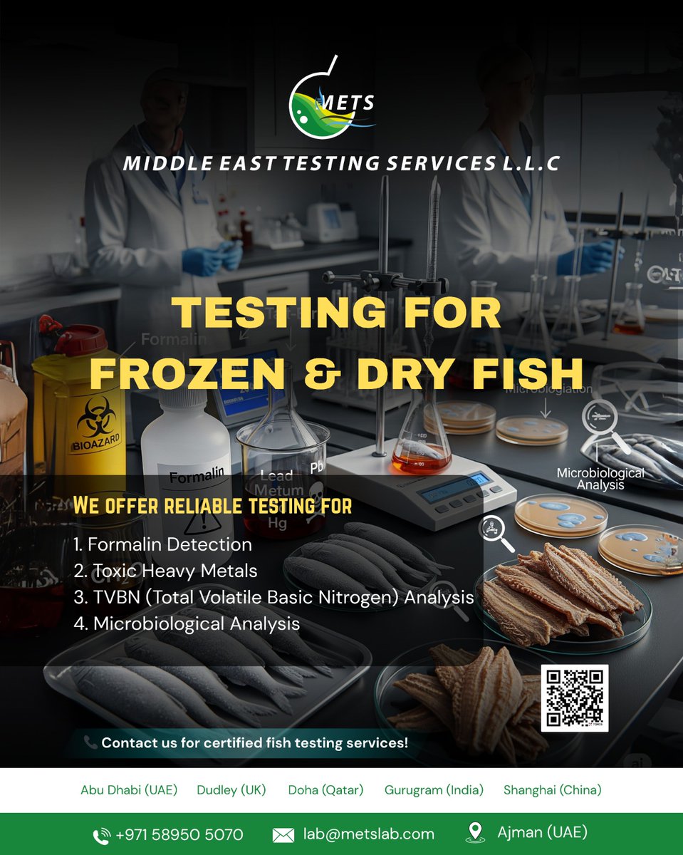 MetsLab_'s tweet image. Ensuring safety and quality for frozen &amp;amp; dry fish. 🐟 Our lab tests for formalin, heavy metals, TVBN, and more. Trust our certified services for peace of mind.

#FishTesting #SeafoodSafety #FoodSafety #QualityControl #METSLab #UAE