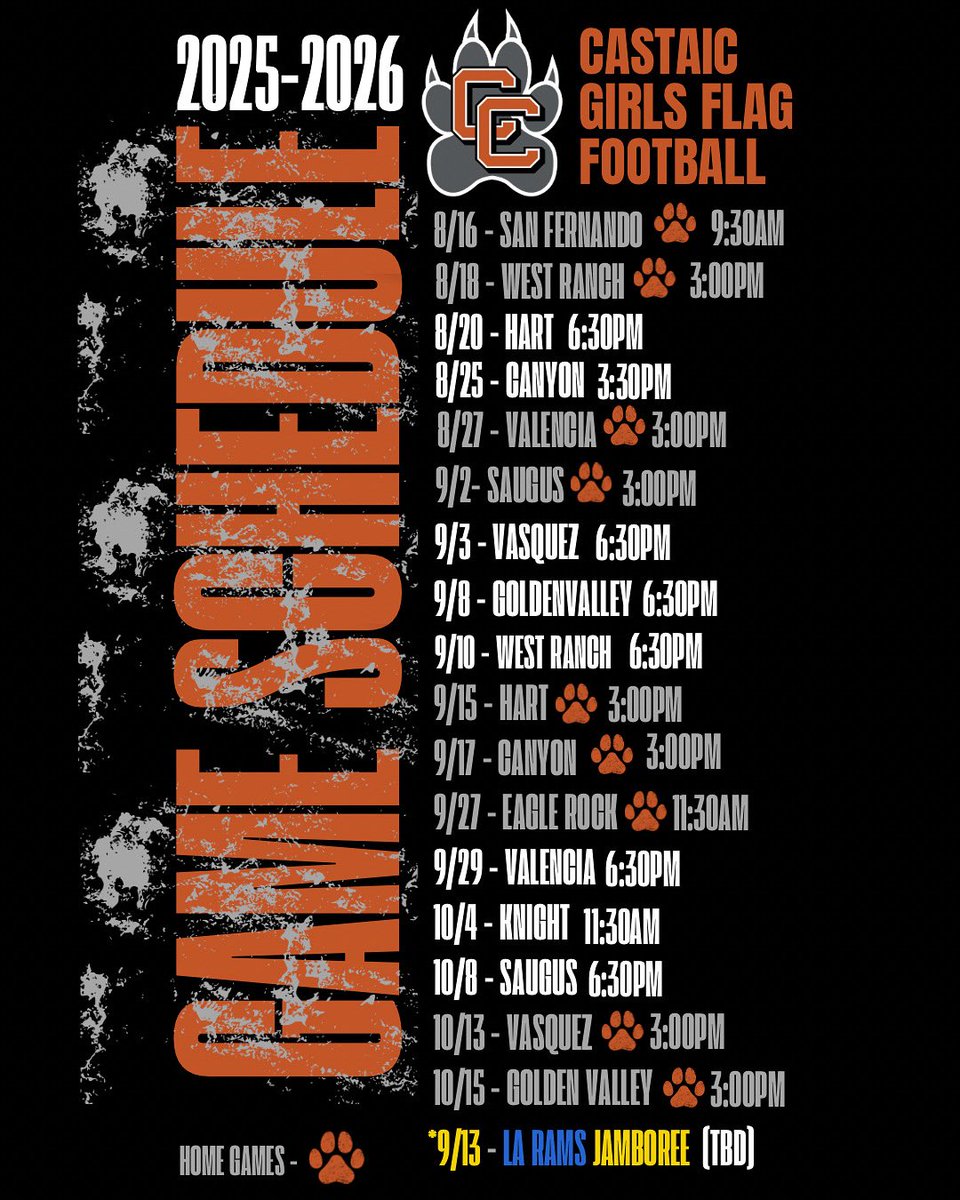 🚨Schedule Release🚨

Excited to kick-off the 2025 inaugural season of Girls Varsity Flag Football at Castaic High School. This is a dream come true for the coaching staff, student - athletes, school, and community! 

🧡🩶🖤🐾
#packmentality