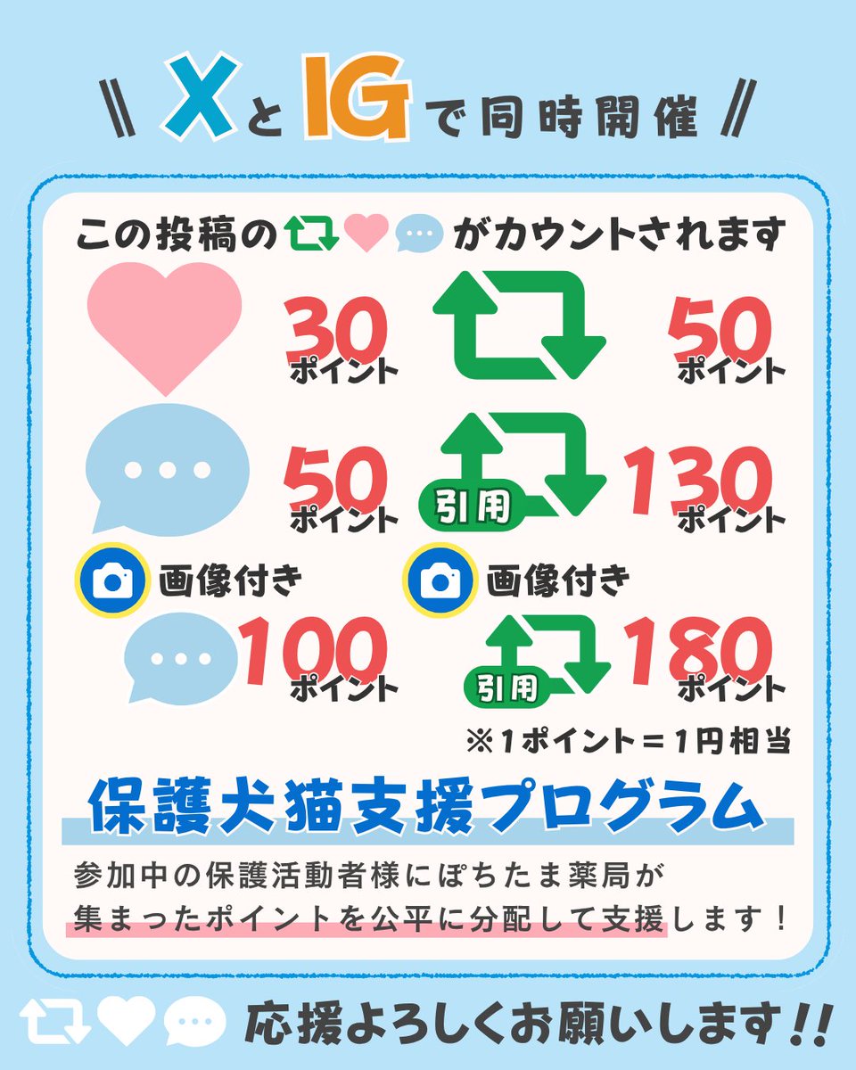 📣 第11回「1シェア1ライフ」
この投稿に寄せられた反応（♻️❤️💬）をポイントに換算し、
【ぽちたま保護犬猫支援プログラム】参加団体の皆さまへ公平に分配いたします。

ぽちたま薬局が、皆さまの応援を "支援" に変えます✨