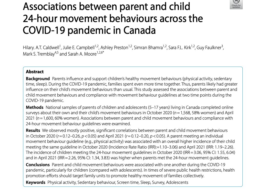 NEW PAPER: 4 - 10: Caldwell et al: Associations between parent and child 24-hour movement behaviours across the COVID-19 pandemic in Canada

Read open access @: jassb.biomedcentral.com/articles