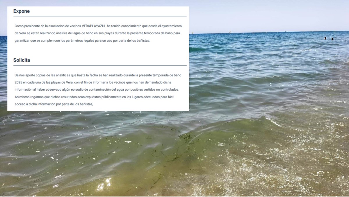 Veraplayazul solicita, por vía oficial, al Ayuntamiento de Vera:

🌊 Los análisis de agua de baño que el propio Ayuntamiento realiza en las playas del municipio.

🌊 Hacer público los resultados de los análisis para general conocimiento.