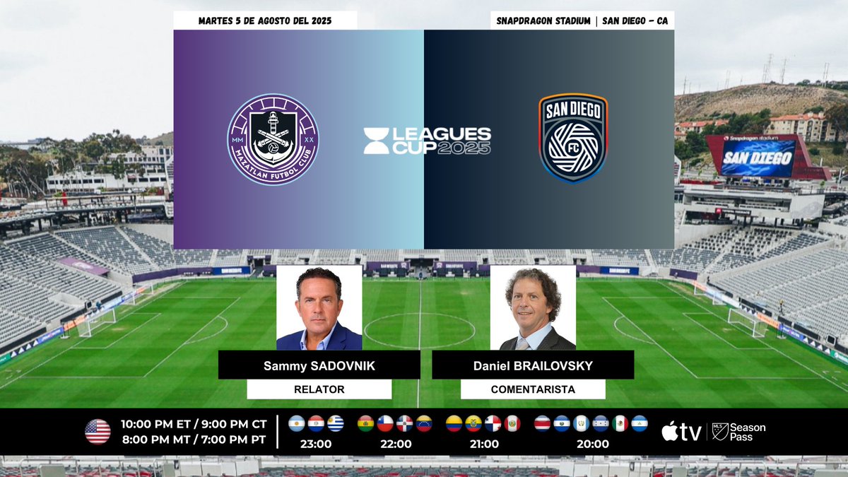 Programación US (@programacionus) on Twitter photo ⚽️ #LeaguesCup2025 | #Mazatlán 🇲🇽 vs. #SanDiegoFC 🇺🇸
🎙️Relator: <a href="/sadovnik1965/">Sammy Sadovnik</a>
🎙️Comentarista: <a href="/RusoEl23/">Daniel Brailovsky</a>
💻📱MLS Season Pass en <a href="/AppleTV/">Apple TV</a>
#️⃣ #MLSSeasonPass - #MZTvSD ⚽️ #LeaguesCup2025 | #Mazatlán 🇲🇽 vs. #SanDiegoFC 🇺🇸
🎙️Relator: <a href="/sadovnik1965/">Sammy Sadovnik</a>
🎙️Comentarista: <a href="/RusoEl23/">Daniel Brailovsky</a>
💻📱MLS Season Pass en <a href="/AppleTV/">Apple TV</a>
#️⃣ #MLSSeasonPass - #MZTvSD