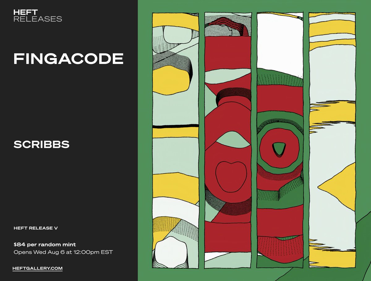HEFT RELEASE V
Scribbs by <a href="/fingacode/">fingacode</a>
Long form generative art, randomly minted, Ethereum L1 : )

Opens this Wed, Aug 6 @ 12pm EST
Closes Mon, Aug 11 @ 12pm EST
$84 / artwork

+ we're giving a free mint to 3 random people that retweet this thread!

Info + outputs ↓↓↓