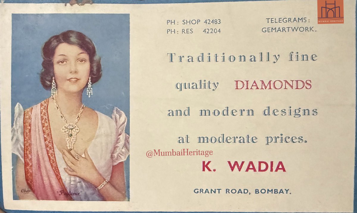From my personal collection
A charming vintage postcard advertisement of K. Wadia &amp; Co jewellers from Grant Road, Mumbai.

What makes it extra special?
🔹 5-digit telephone numbers (Shop: 42483, Res: 42204), a clear sign of a bygone era.
🔹 Telegram address: GEMARTWORK
🔹 A