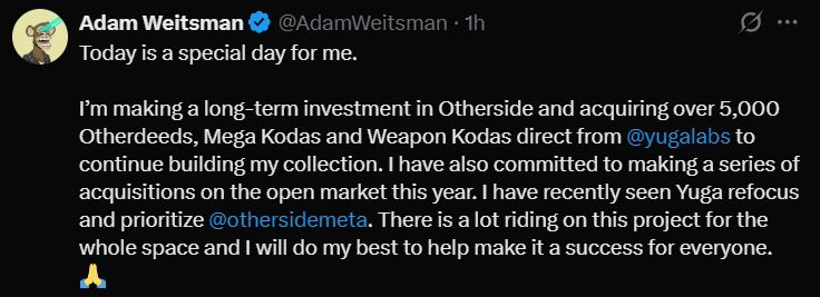 manya🦋 (@manyaaww) on Twitter photo Lots of bullish stuff is happening in NFTs space recently:
> A golden ape was sold for 666e ($2.3m)
> A golden Pudgy was sold for $102k (such a huge price diff in bayc and pudgy golden traits)
> And now, <a href="/AdamWeitsman/">Adam Weitsman</a> bought 5000 otherdeed and koda NFTs
Honestly, <a href="/BoredApeYC/">Bored Ape Yacht Club 🍌</a> is Lots of bullish stuff is happening in NFTs space recently:
> A golden ape was sold for 666e ($2.3m)
> A golden Pudgy was sold for $102k (such a huge price diff in bayc and pudgy golden traits)
> And now, <a href="/AdamWeitsman/">Adam Weitsman</a> bought 5000 otherdeed and koda NFTs
Honestly, <a href="/BoredApeYC/">Bored Ape Yacht Club 🍌</a> is