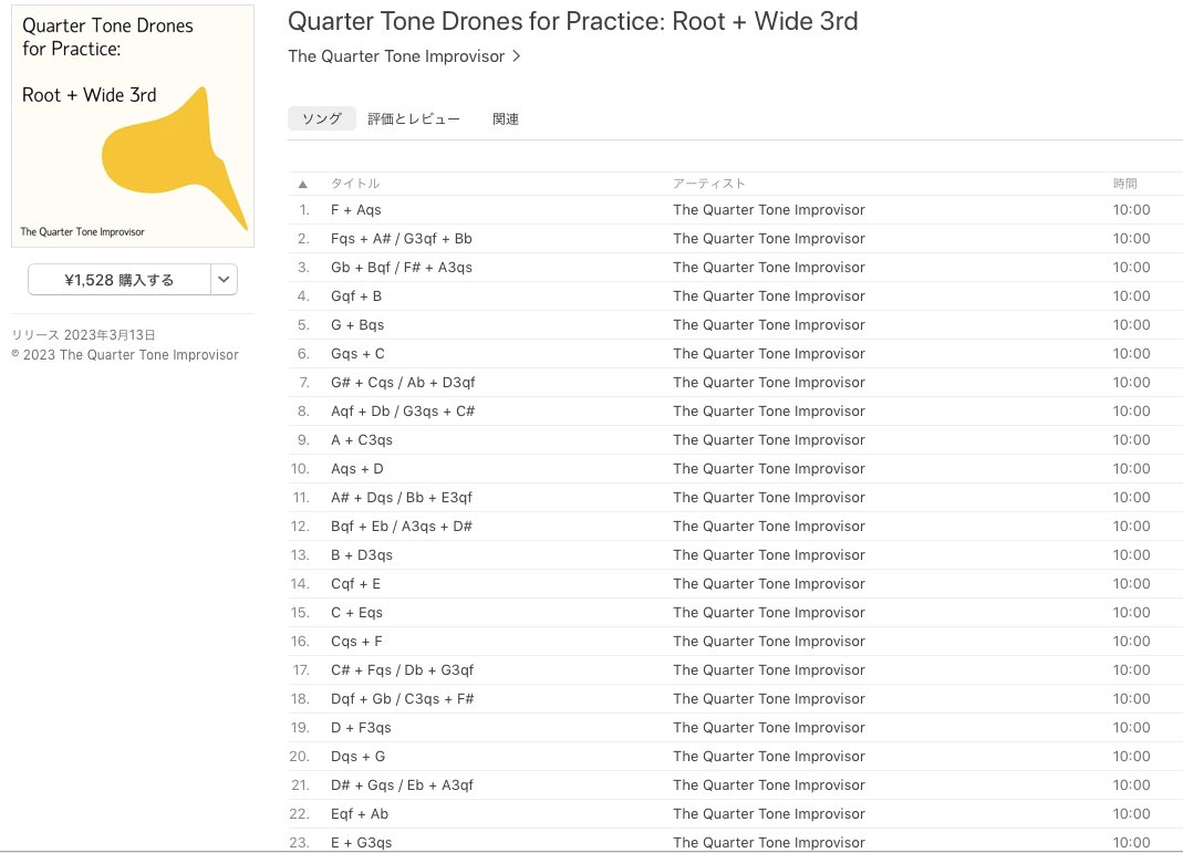 このQuarter Tone Improvisorって人？人たち？アカウント？すごいな。2〜3音の組み合わせだけの10分のドローン曲がひたすらアルバムに収録されてる。人気の曲とかあるのかな。あったらいいな。