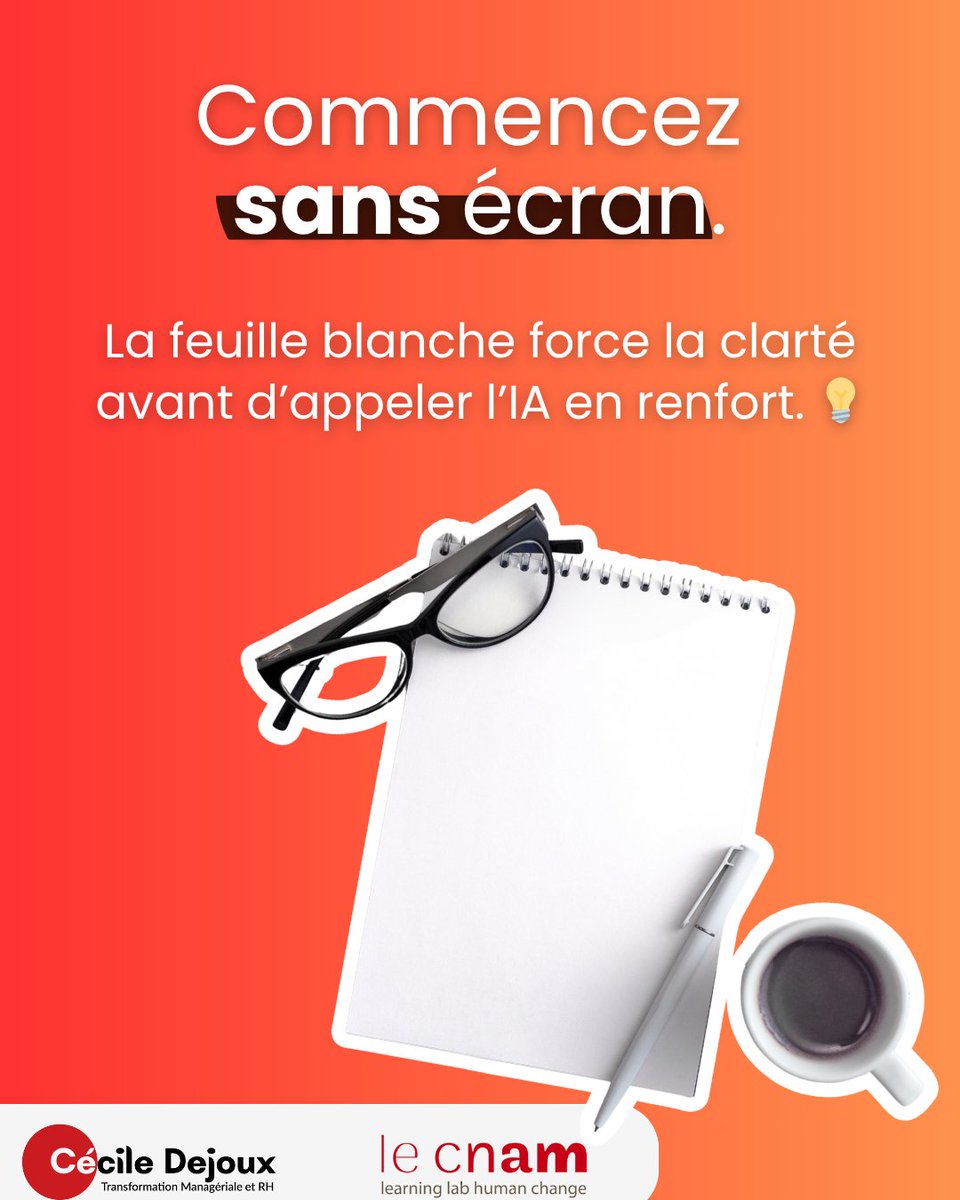 Méthode : de la page blanche à la page augmentée
Commencez sans écran. La feuille blanche force la clarté avant d’appeler l’IA en renfort.

 #Productivité #Créativité #GenAI