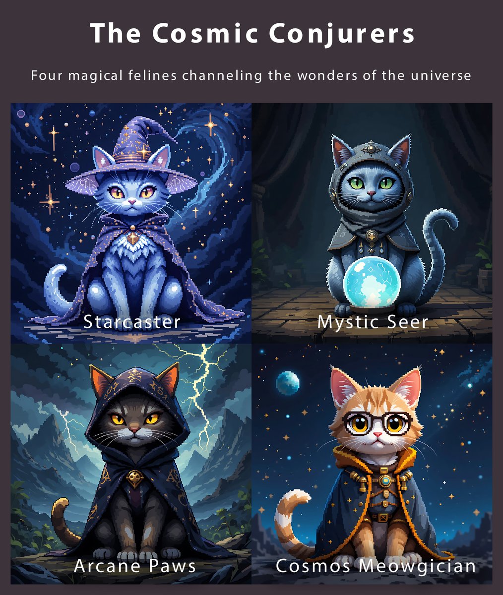 iAmRaLe18's tweet photo. ✨ The Cosmic Conjurers 🐾
Meet Starcaster, Mystic Seer, Arcane Paws & Cosmos Meowgician. Four magical Purrxel Pals channeling pixel power across the stars.
🔗 https://t.co/GD4ZISVYvt
#PurrxelPals #NFTArt #PixelCats #MagicCats #NFT #NFTs #Web3 #ArtCollectors #FYP https://t.co/dJ7UZ8K7jF