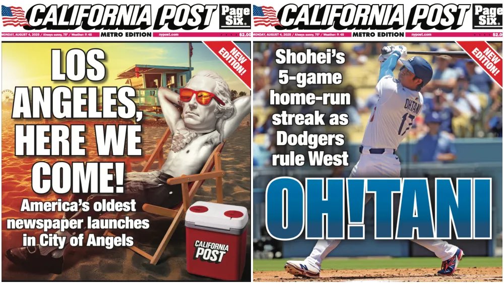 CurtisSChin's tweet image. #USA 🇺🇸: The California Post will launch in early 2026. #Anticipation! Imagine the cover stories, headlines &amp;amp; Page Six, LA-style. Some mock cover images 👇 … #SydneySweeney #Ohtani &amp;amp; more. 

hollywoodreporter.com/business/busin… ht @THR | @nypost #NewYorkPost #CaliforniaPost
