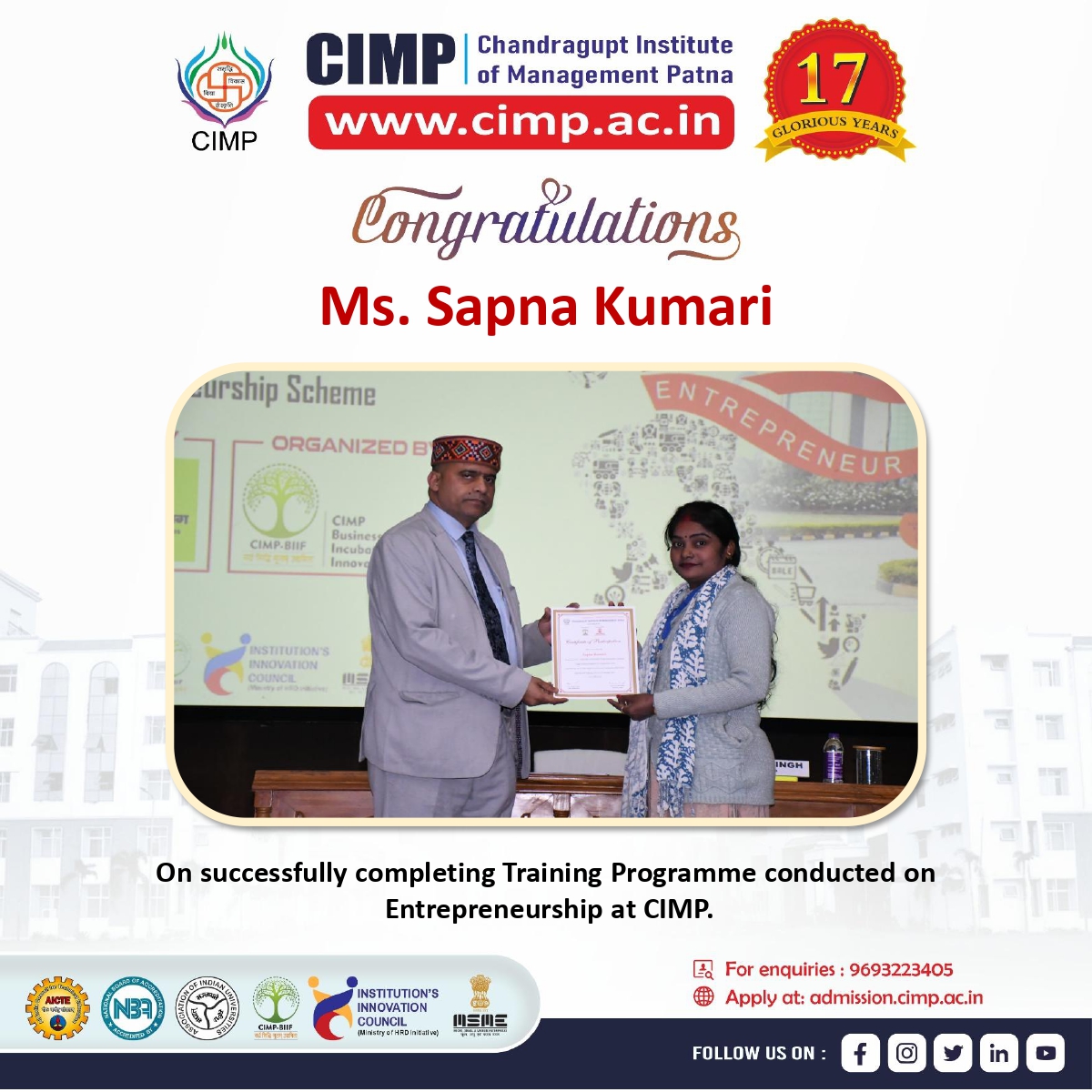 cimp.ac.in 

CIMP Congratulates Sapna Kumari on successfully Completing Training Programme conducted on Entrepreneurship at CIMP.