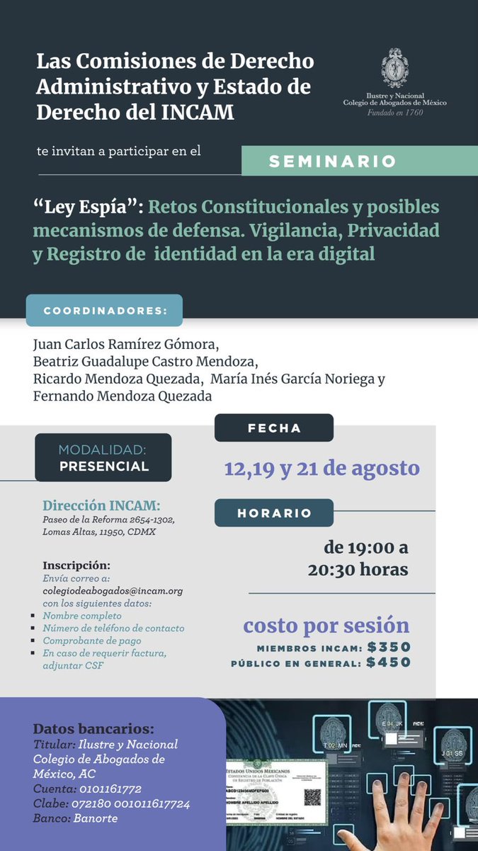 Ricardo Mendoza (@ricmenque) on Twitter photo Tenemos un Seminario extraordinario cocinándose en el <a href="/INCAM_Abogados/">Colegio de Abogados</a> sobre la #LeyEspía. 🧵 con temas y ponentes: Tenemos un Seminario extraordinario cocinándose en el <a href="/INCAM_Abogados/">Colegio de Abogados</a> sobre la #LeyEspía. 🧵 con temas y ponentes: