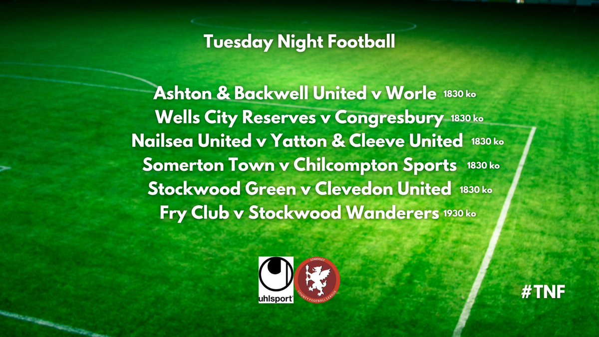 Somerset County FL (@somersetcfl) on Twitter photo #TNF is BACK!
Tuesday Night Footy returns, with SIX Premier Division games to choose from!
<a href="/ABUFCSocial/">Ashton & Backwell United FC</a> v <a href="/Worle_FC/">Worle FC</a>
<a href="/WellsCityRes/">Wells City Reserves</a> v <a href="/CongresburyFC/">Congresbury FC</a>
<a href="/NailseaUnited/">Nailsea United</a> v <a href="/yacufc/">Yatton & Cleeve Utd Fc</a>
<a href="/somertontownfc/">Somerton Town FC.⚫️⬜️⚫️</a> v <a href="/ChiliSportsFC/">Chilcompton Sports</a>
<a href="/StockwoodGreen/">Stockwood Green FC</a> v <a href="/clevedonunited/">Clevedon United FC</a>
<a href="/FrysFC/">Fry Club FC</a> v <a href="/Stockwoodwands/">Stockwood Wanderers FC</a> #TNF is BACK!
Tuesday Night Footy returns, with SIX Premier Division games to choose from!
<a href="/ABUFCSocial/">Ashton & Backwell United FC</a> v <a href="/Worle_FC/">Worle FC</a>
<a href="/WellsCityRes/">Wells City Reserves</a> v <a href="/CongresburyFC/">Congresbury FC</a>
<a href="/NailseaUnited/">Nailsea United</a> v <a href="/yacufc/">Yatton & Cleeve Utd Fc</a>
<a href="/somertontownfc/">Somerton Town FC.⚫️⬜️⚫️</a> v <a href="/ChiliSportsFC/">Chilcompton Sports</a>
<a href="/StockwoodGreen/">Stockwood Green FC</a> v <a href="/clevedonunited/">Clevedon United FC</a>
<a href="/FrysFC/">Fry Club FC</a> v <a href="/Stockwoodwands/">Stockwood Wanderers FC</a>
