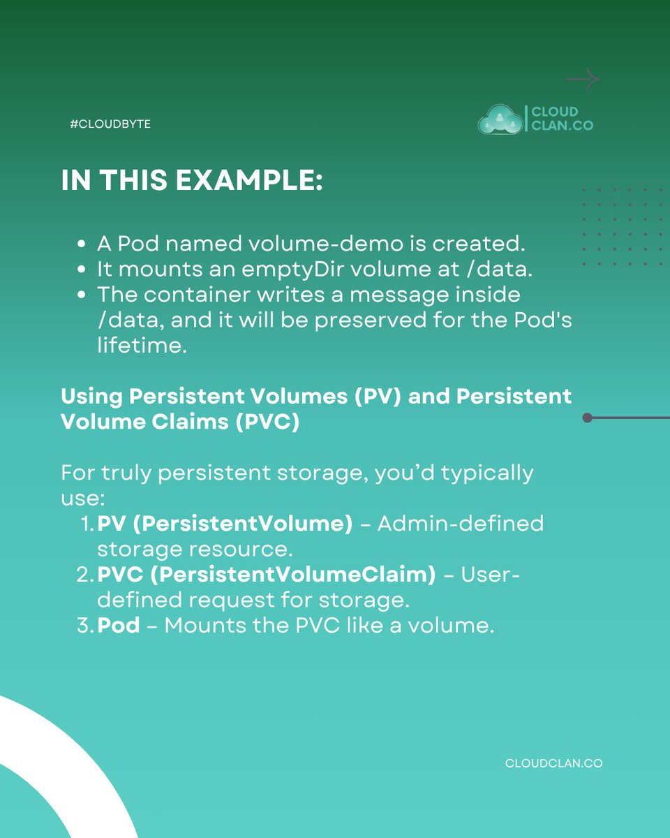 cloudclan_co's tweet photo. Learning Kubernetes Essentials : Volumes

#cloudclan #cloudbyte #kubernetes #cloudcomputing #devops #volumes

Thread(2/2) https://t.co/8ieqy8er77