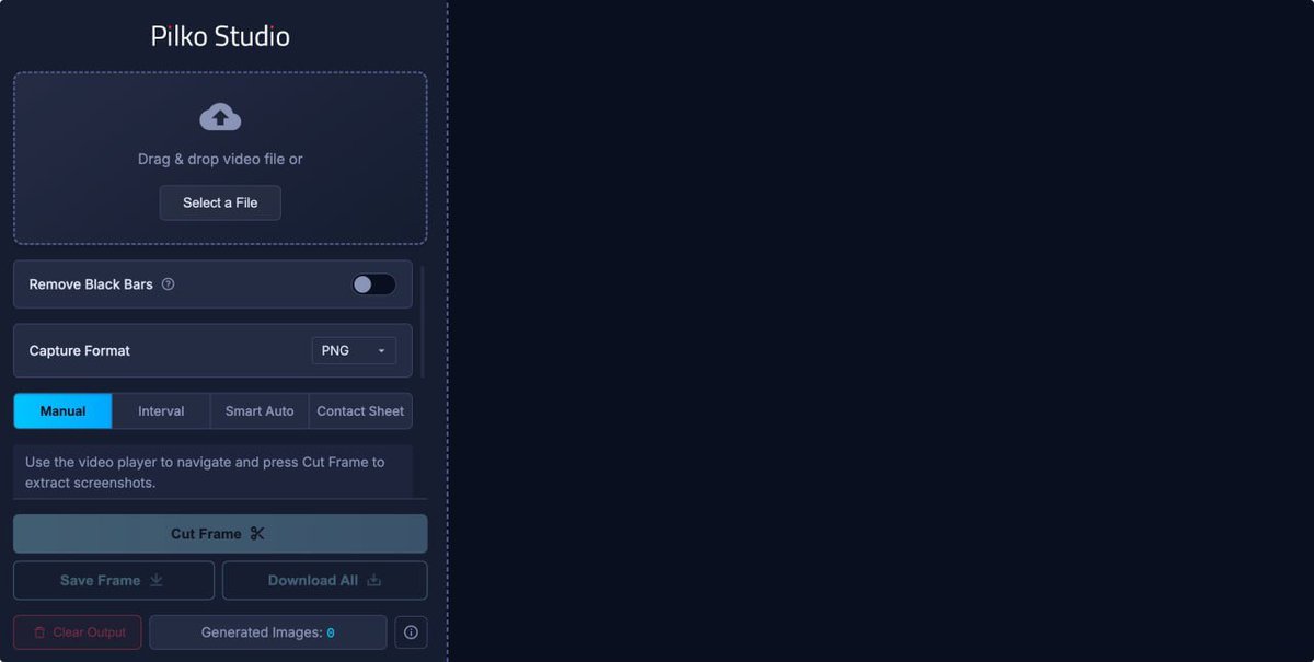 Pilko Studio：一个完全本地的 Web 工具，用于 从本地视频中提取帧。

支持手动选取、时长间隔、智能算法提取等方式截取 帧 画面。

标签：#网站  #视频剪辑

链接：appmiao.com/1259/