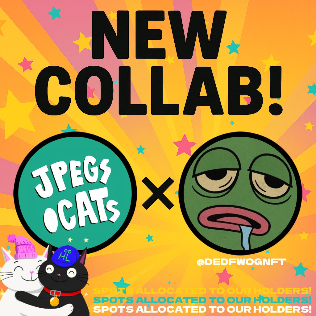 jpegs.cats (@jpegsdotcats) on Twitter photo NEW COLLAB! 😼
jpegs.cats x <a href="/DedfwogNFT/">Ded Fwog | FREE Mint</a>
Giving out 10X GTD SPOTS on this post.
Like, RT and Drop your SOL address.
More spots allocated to our holders in the Cat Crib!
Join our Discord to participate in more! 😽 NEW COLLAB! 😼
jpegs.cats x <a href="/DedfwogNFT/">Ded Fwog | FREE Mint</a>
Giving out 10X GTD SPOTS on this post.
Like, RT and Drop your SOL address.
More spots allocated to our holders in the Cat Crib!
Join our Discord to participate in more! 😽