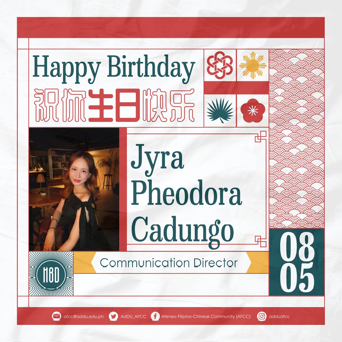AdDU_AFCC's tweet photo. 生日快乐! 𝐇𝐚𝐩𝐩𝐲 𝐛𝐢𝐫𝐭𝐡𝐝𝐚𝐲 to our communication director, 𝐉𝐲𝐫𝐚 𝐏𝐡𝐞𝐨𝐝𝐨𝐫𝐚!⭐️                                             
May your day sparkle with laughter, joy, and balloon-filled surprises! Here's to a year of bright adventures and lasting memories💗🎊🎁 https://t.co/gH3YB6PlXT