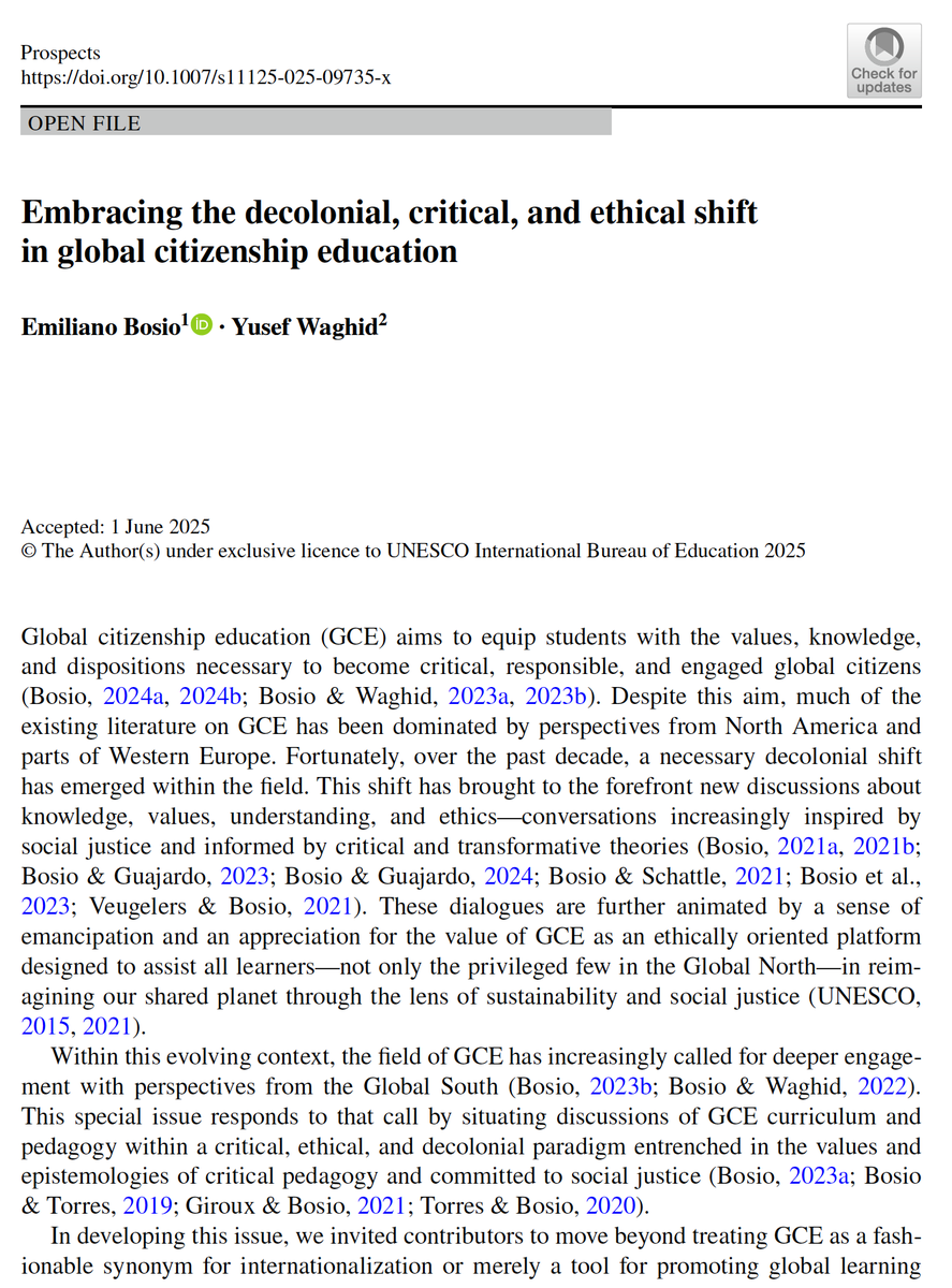 Our New Special Issue, Editorial Published in <a href="/IBE_UNESCO/">UNESCO-IBE</a> <a href="/UNESCO/">UNESCO 🏛️ #Education #Sciences #Culture 🇺🇳</a> <a href="/IBE_Prospects/">UNESCO Prospects</a> "Embracing the Decolonial, Critical, and Ethical Shift in Global Citizenship Education" with contributions from Hans de Wit, Carlos Alberto Torres, Miri Yemini &amp; many others: link.springer.com/article/10.100…