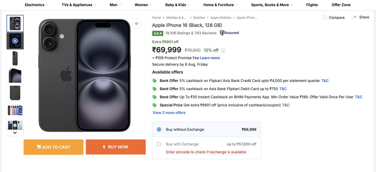 iPhone 16 (128GB) is available at Rs 69,999 on Flipkart👀