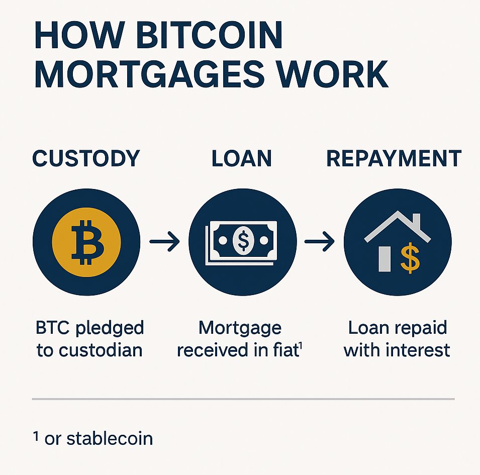 Taniya_Singh's tweet image. 🧵 Bitcoin Mortgages Are No Longer a Fantasy

You can now buy a house without selling your BTC. Yes, mortgages backed by Bitcoin are becoming real and they may reshape home financing forever.
Here’s how it works (and why it’s exploding).👇