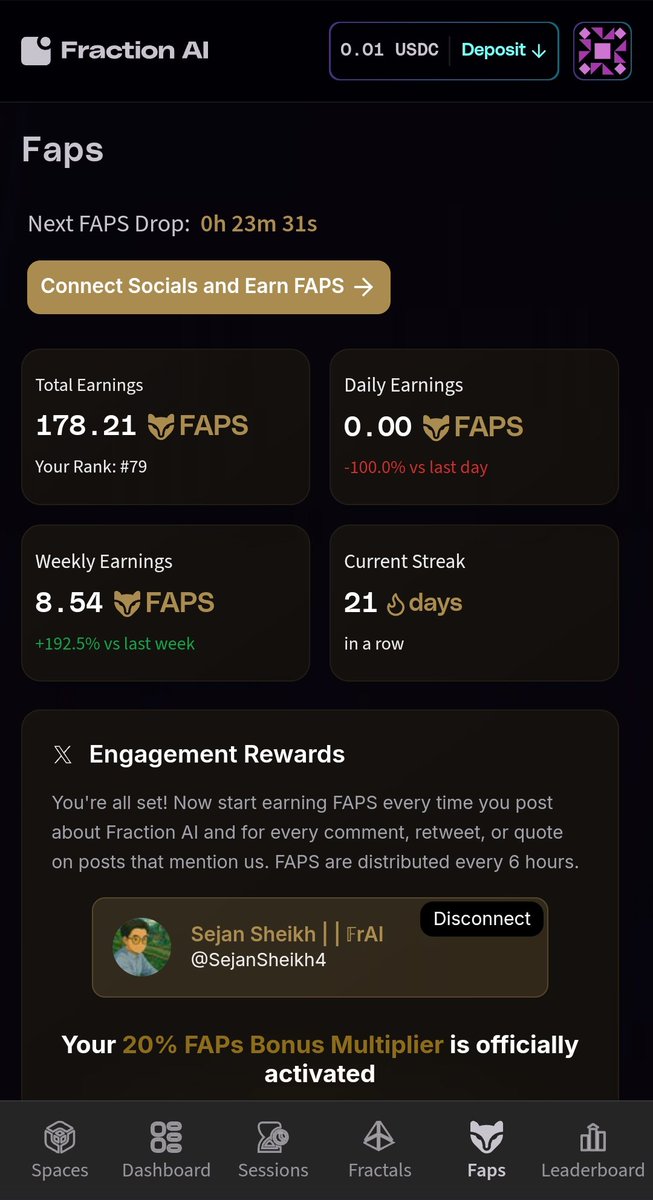 GM Fams!
Maintain 21 Days Streaks on <a href="/FractionAI_xyz/">Fraction AI</a> Dashboard,
Happy to see my streak are not Break, keep trying my best to Do Best everyday 

Today Standing:
Total Faps- 178.21 $FAPS
Daily Earn- No Updated
Weekly - 8.54 (green 192.5%)
Achievement - 2 Complete 
Streak - 21 more