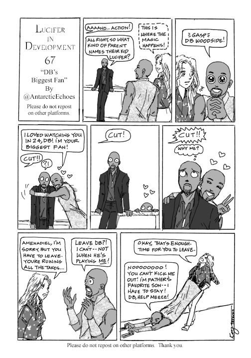 Hi everybody! It's time for another #LuciferInDevelopmentComics #flashback! Here is no. 67: Ildy takes Amenadiel to the set during filming.... 😅😅😅 Enjoy! 💖💖💖💖💖 #LuciferNetflix #Lucifer